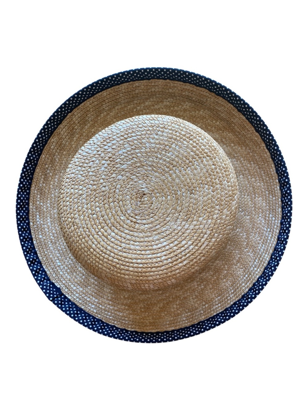 Talbots Natural Straw Sun Hat with Navy Polka Dot Trim